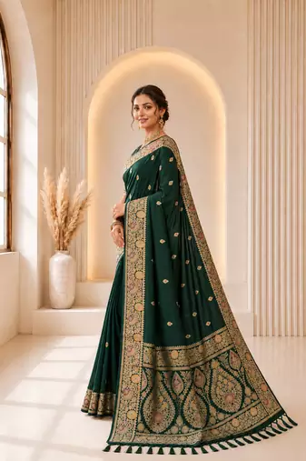 designer green zari weaving border work banarasi silk blend saree
