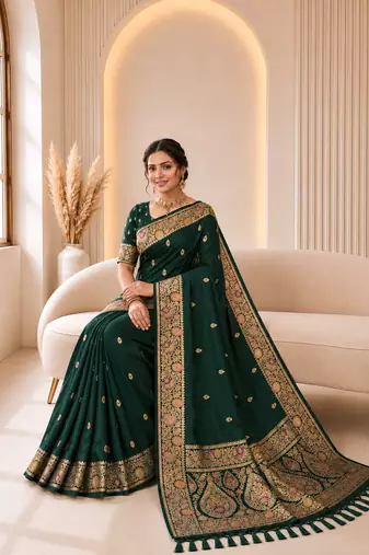 designer green zari weaving border work banarasi silk blend saree