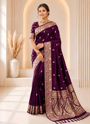 designer wine zari weaving border work banarasi silk blend saree 1