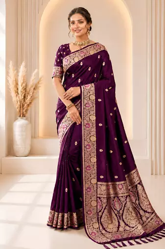 designer wine zari weaving border work banarasi silk blend saree