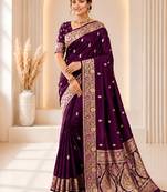 designer wine zari weaving border work banarasi silk blend saree