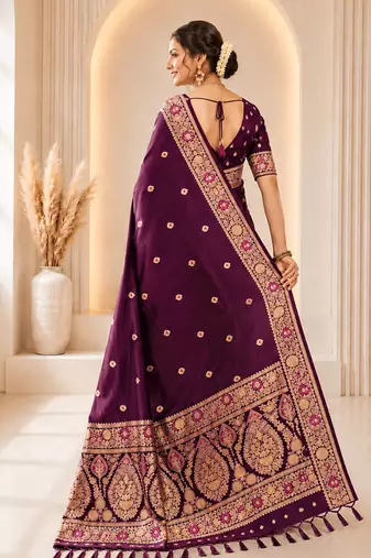 designer wine zari weaving border work banarasi silk blend saree