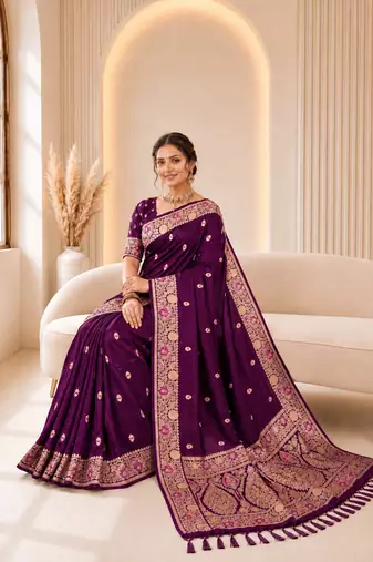 designer wine zari weaving border work banarasi silk blend saree