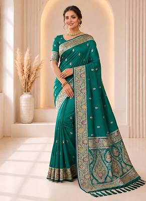 designer teal green zari weaving border work banarasi silk blend saree 1