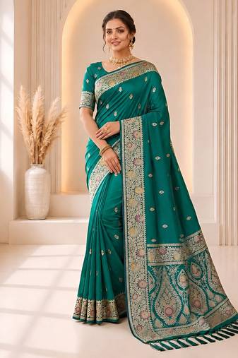 designer teal green zari weaving border work banarasi silk blend saree