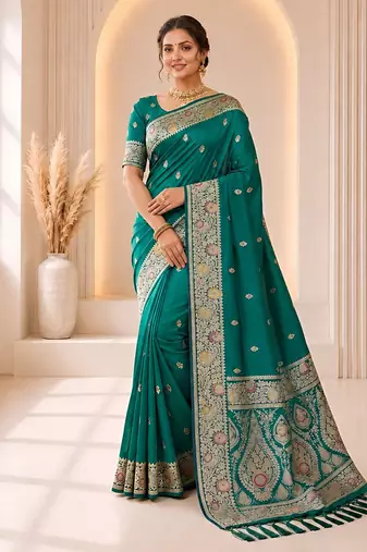designer teal green zari weaving border work banarasi silk blend saree