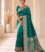 designer teal green zari weaving border work banarasi silk blend saree