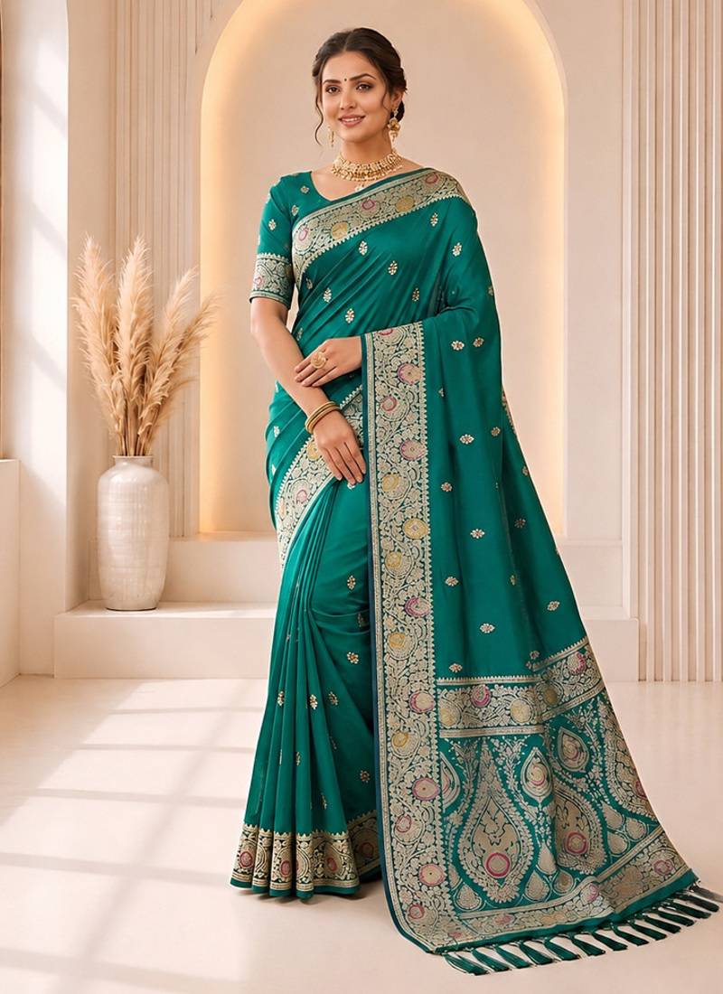designer teal green zari weaving border work banarasi silk blend saree