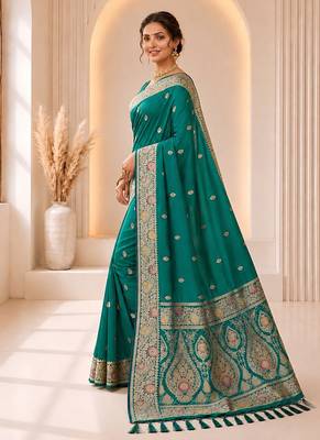 designer teal green zari weaving border work banarasi silk blend saree 2