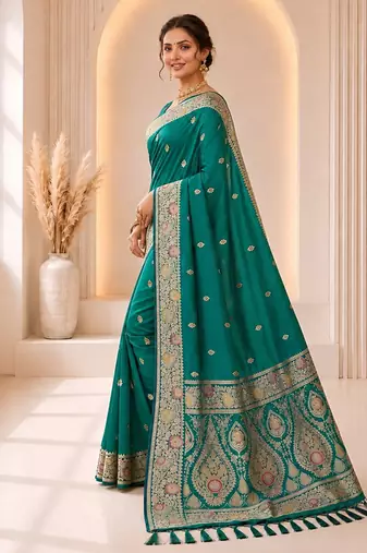 designer teal green zari weaving border work banarasi silk blend saree