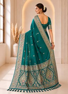 designer teal green zari weaving border work banarasi silk blend saree 3