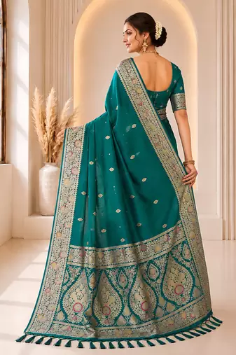 designer teal green zari weaving border work banarasi silk blend saree