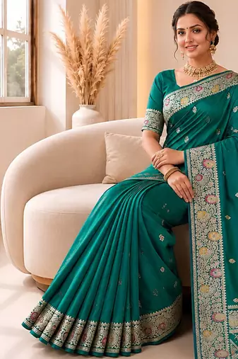 designer teal green zari weaving border work banarasi silk blend saree