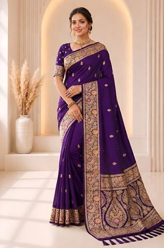 designer purple zari weaving border work banarasi silk blend saree