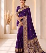 designer purple zari weaving border work banarasi silk blend saree
