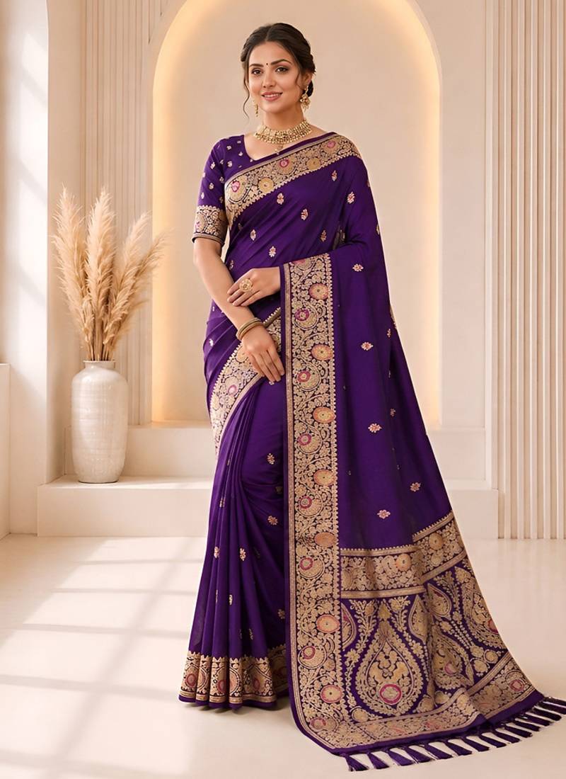 designer purple zari weaving border work banarasi silk blend saree