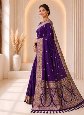 designer purple zari weaving border work banarasi silk blend saree 2