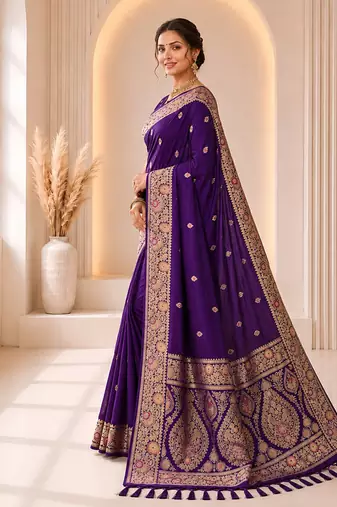designer purple zari weaving border work banarasi silk blend saree
