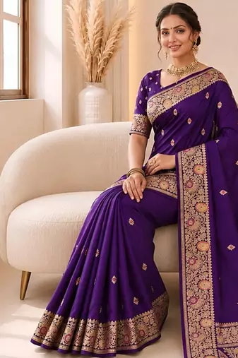 designer purple zari weaving border work banarasi silk blend saree