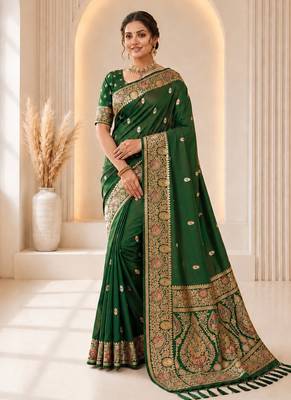 designer green zari weaving border work banarasi silk blend saree 1