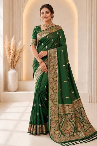 designer green zari weaving border work banarasi silk blend saree