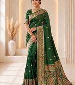designer green zari weaving border work banarasi silk blend saree