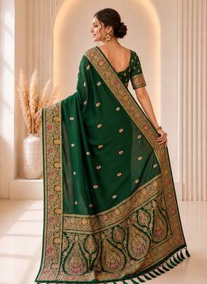 designer green zari weaving border work banarasi silk blend saree 3