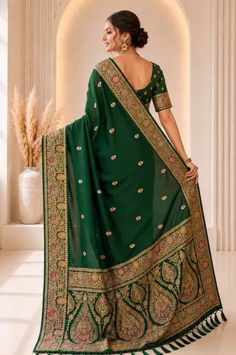 designer green zari weaving border work banarasi silk blend saree