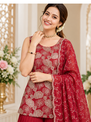 maroon color thread with sequence work silk blend top sharara set 2