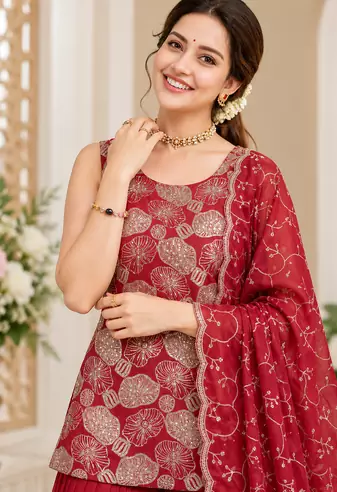 maroon color thread with sequence work silk blend top sharara set