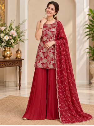 maroon color thread with sequence work silk blend top sharara set 1