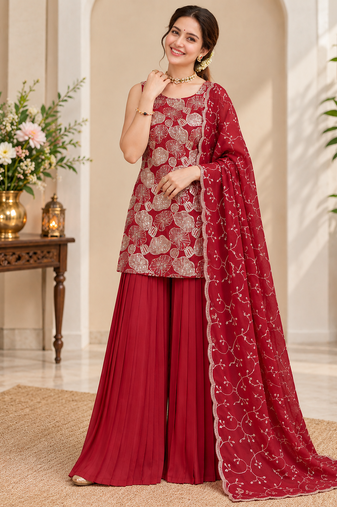 maroon color thread with sequence work silk blend top sharara set