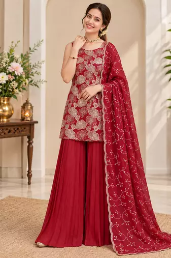 maroon color thread with sequence work silk blend top sharara set