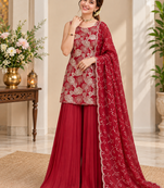 maroon color thread with sequence work silk blend top sharara set
