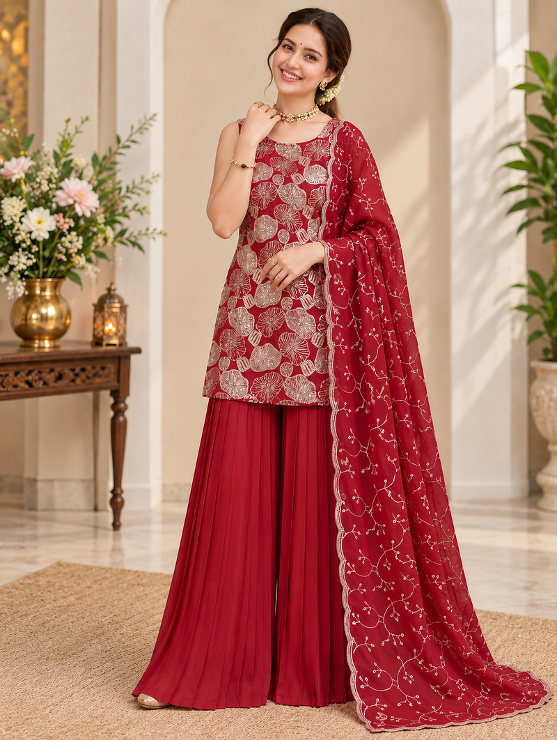 maroon color thread with sequence work silk blend top sharara set