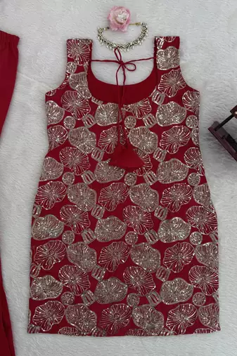 maroon color thread with sequence work silk blend top sharara set