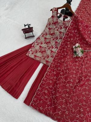 maroon color thread with sequence work silk blend top sharara set 5
