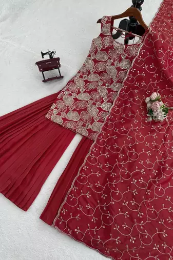 maroon color thread with sequence work silk blend top sharara set