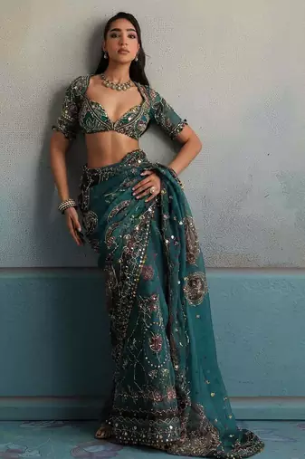 Georgette Printed Beads Work Saree With Blouse