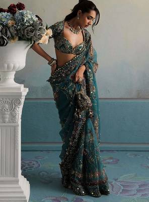 Georgette Printed Beads Work Saree With Blouse 1