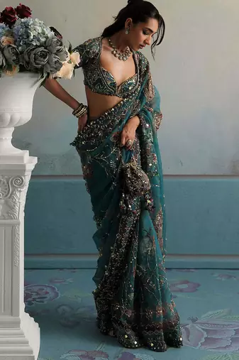 Georgette Printed Beads Work Saree With Blouse