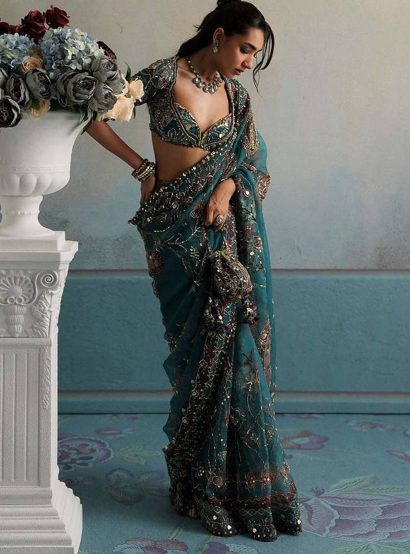 Georgette Printed Beads Work Saree With Blouse