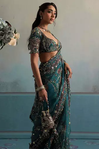 Georgette Printed Beads Work Saree With Blouse