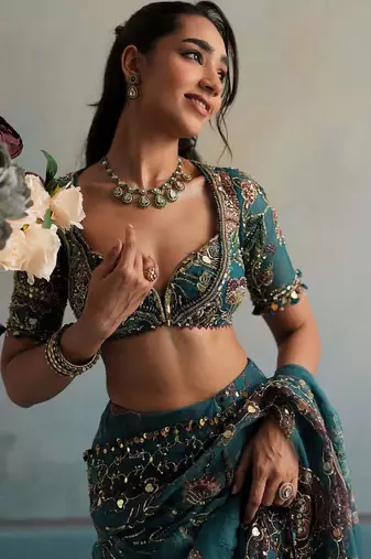 Georgette Printed Beads Work Saree With Blouse
