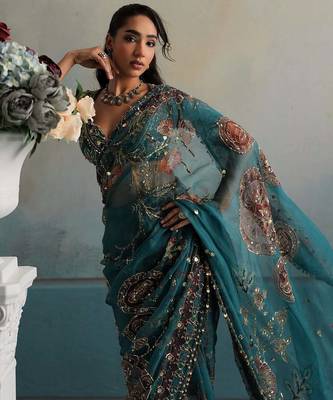 Georgette Printed Beads Work Saree With Blouse 5