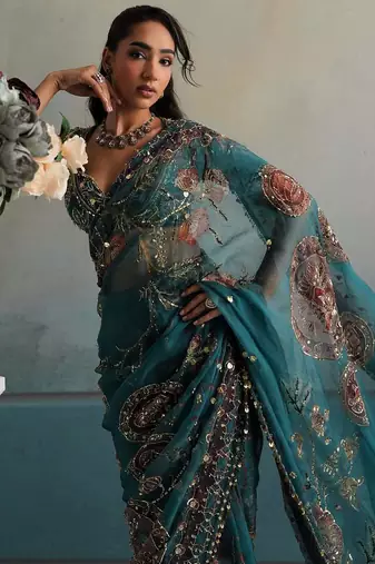 Georgette Printed Beads Work Saree With Blouse