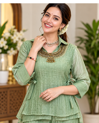 light green color hand work silk blend western wear 1