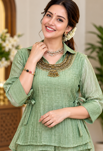 light green color hand work silk blend western wear
