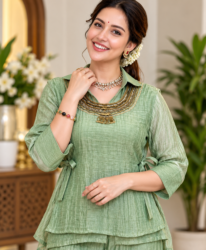 light green color hand work silk blend western wear
