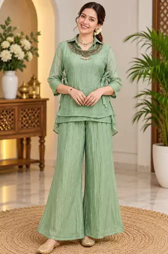 light green color hand work silk blend western wear